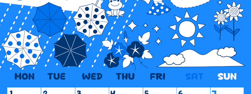 2026年6月縦型月曜始まり 季節イラストのかわいいA4無料ブルーのカレンダー(2026-00880611)