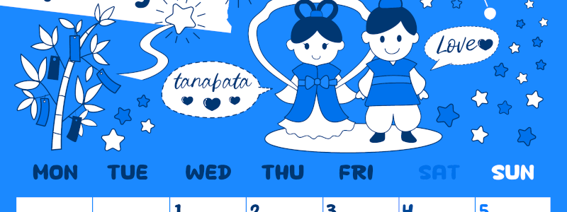 2026年7月縦型月曜始まり ポップなイラストがかわいいA4無料ブルーのカレンダー(2026-00880711)