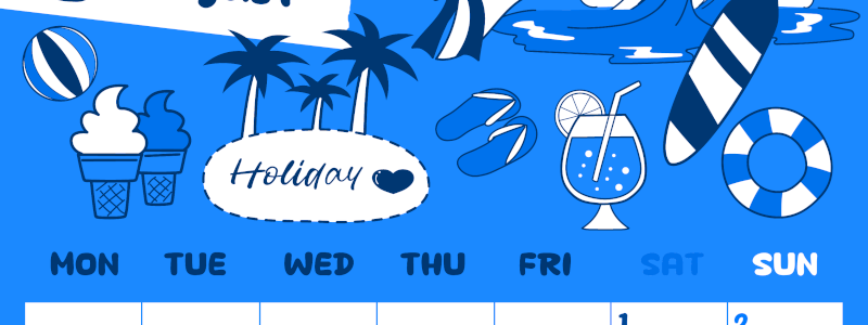 2026年8月縦型月曜始まり 海岸イラストのかわいいA4無料ブルーのカレンダー(2026-00880811)