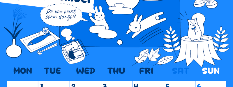 2026年9月縦型月曜始まり 森の動物イラストがかわいいA4無料ブルーのカレンダー(2026-00880911)