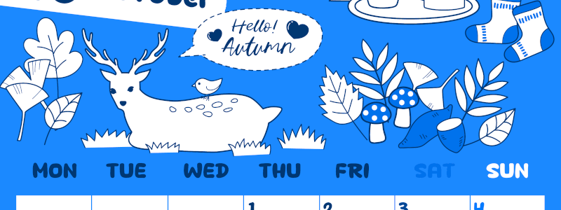 2026年10月縦型月曜始まり 鹿のイラストがかわいいA4無料ブルーのカレンダー(2026-00881011)
