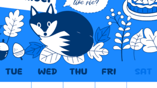 2026年11月縦型月曜始まり アップルパイのイラストがかわいいA4無料ブルーのカレンダー(2026-00881111)