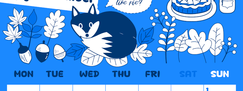 2026年11月縦型月曜始まり アップルパイのイラストがかわいいA4無料ブルーのカレンダー(2026-00881111)