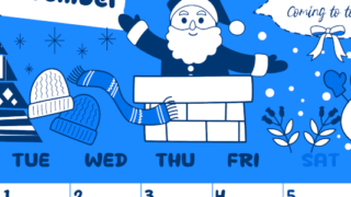 2026年12月縦型月曜始まり サンタのイラストがかわいいA4無料ブルーのカレンダー(2026-00881211)