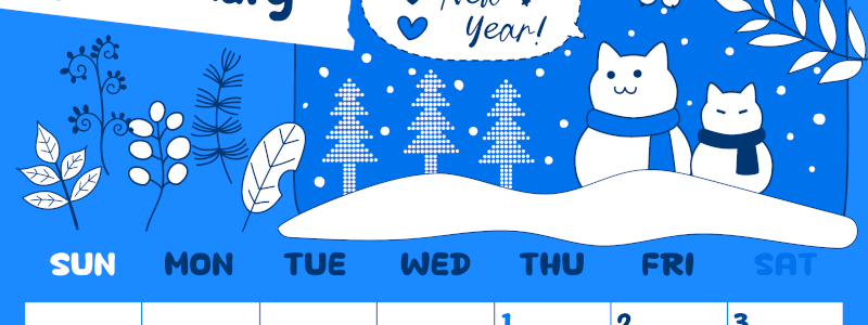 2026年1月縦型日曜始まり ポップな猫イラストのかわいいA4無料ブルーのカレンダー(2026-00880110)