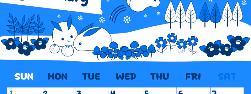 2026年2月縦型日曜始まり ポップかわいいイラストA4無料ブルーのカレンダー(2026-00880210)