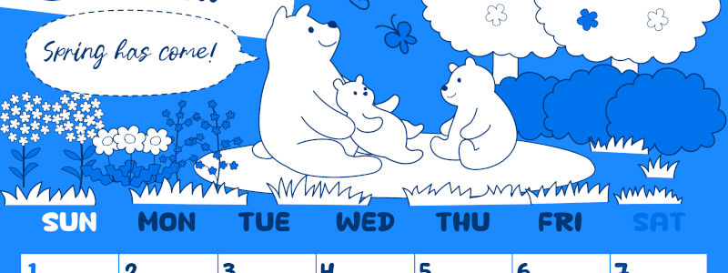 2026年3月縦型日曜始まり ポップかわいい白熊イラストのA4無料ブルーのカレンダー(2026-00880310)