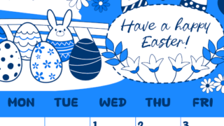 2026年4月縦型日曜始まり イースターエッグイラストのかわいいA4無料ブルーのカレンダー(2026-00880410)