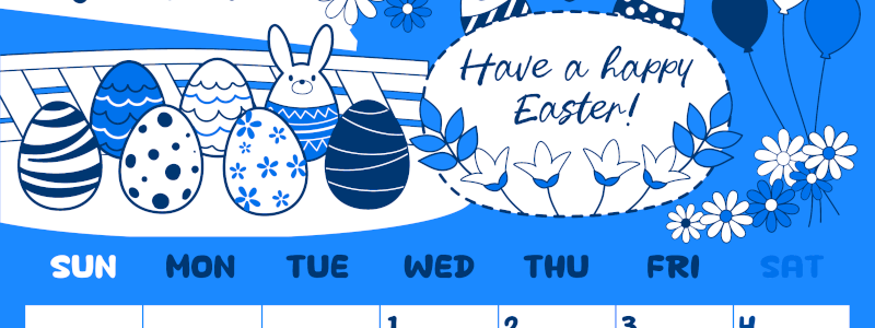2026年4月縦型日曜始まり イースターエッグイラストのかわいいA4無料ブルーのカレンダー(2026-00880410)