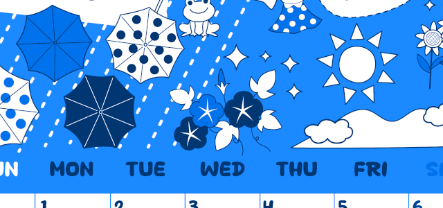 2026年6月縦型日曜始まり 季節イラストのかわいいA4無料ブルーのカレンダー(2026-00880610)