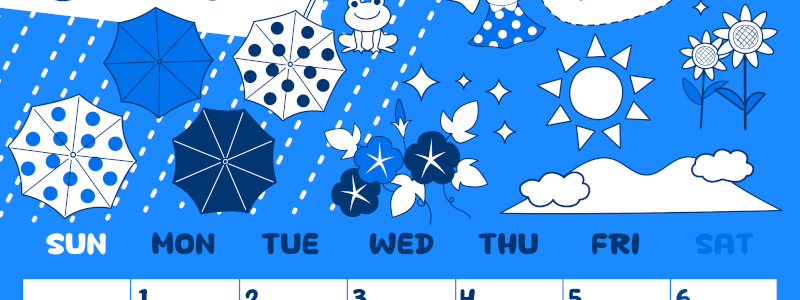 2026年6月縦型日曜始まり 季節イラストのかわいいA4無料ブルーのカレンダー(2026-00880610)