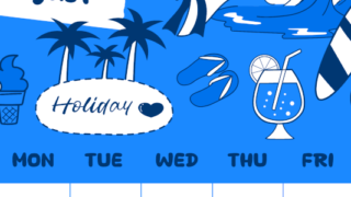 2026年8月縦型日曜始まり 海岸イラストのかわいいA4無料ブルーのカレンダー(2026-00880810)