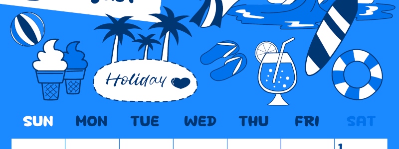 2026年8月縦型日曜始まり 海岸イラストのかわいいA4無料ブルーのカレンダー(2026-00880810)