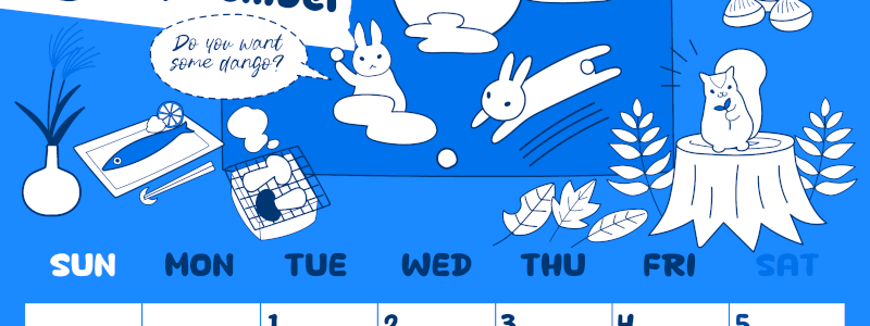 2026年9月縦型日曜始まり 森の動物イラストがかわいいA4無料ブルーのカレンダー(2026-00880910)