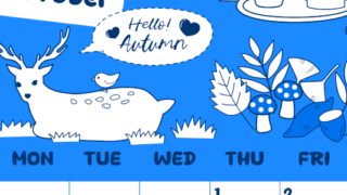 2026年10月縦型日曜始まり 鹿のイラストがかわいいA4無料ブルーのカレンダー(2026-00881010)