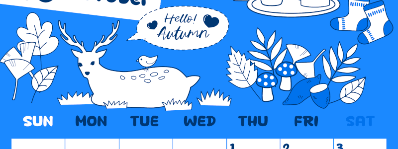 2026年10月縦型日曜始まり 鹿のイラストがかわいいA4無料ブルーのカレンダー(2026-00881010)