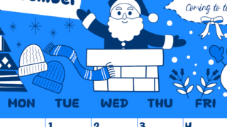 2026年12月縦型日曜始まり サンタのイラストがかわいいA4無料ブルーのカレンダー(2026-00881210)