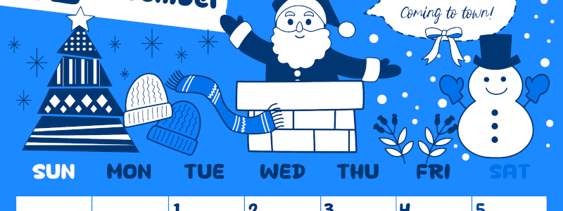 2026年12月縦型日曜始まり サンタのイラストがかわいいA4無料ブルーのカレンダー(2026-00881210)