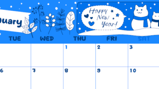 2026年1月横型月曜始まり 雪と猫イラストのかわいいA4無料ブルーのカレンダー(2026-00880101)