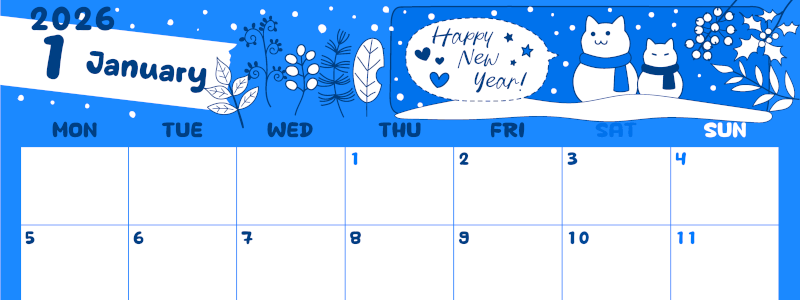 2026年1月横型月曜始まり 雪と猫イラストのかわいいA4無料ブルーのカレンダー(2026-00880101)