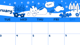 2026年2月横型月曜始まり ポップかわいいイラストA4無料ブルーのカレンダー(2026-00880201)