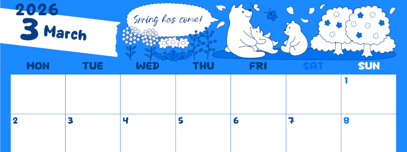 2026年3月横型月曜始まり ポップかわいい白熊イラストのA4無料ブルーのカレンダー(2026-00880301)