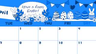 2026年4月横型月曜始まり イースターエッグイラストのかわいいA4無料ブルーのカレンダー(2026-00880401)