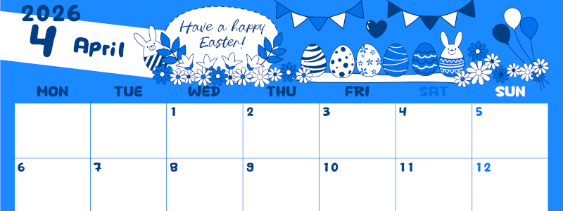 2026年4月横型月曜始まり イースターエッグイラストのかわいいA4無料ブルーのカレンダー(2026-00880401)