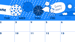 2026年6月横型月曜始まり 季節イラストのかわいいA4無料ブルーのカレンダー(2026-00880601)