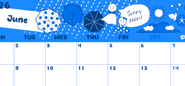 2026年6月横型月曜始まり 季節イラストのかわいいA4無料ブルーのカレンダー(2026-00880601)