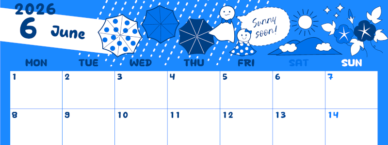 2026年6月横型月曜始まり 季節イラストのかわいいA4無料ブルーのカレンダー(2026-00880601)