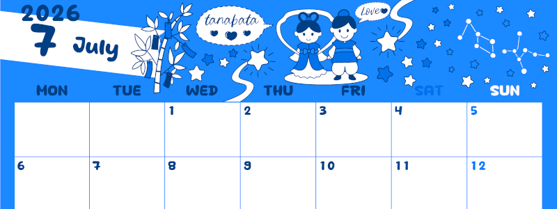 2026年7月横型月曜始まり ポップなイラストがかわいいA4無料ブルーのカレンダー(2026-00880701)