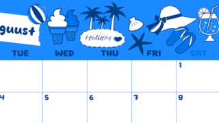 2026年8月横型月曜始まり 海岸イラストのかわいいA4無料ブルーのカレンダー(2026-00880801)