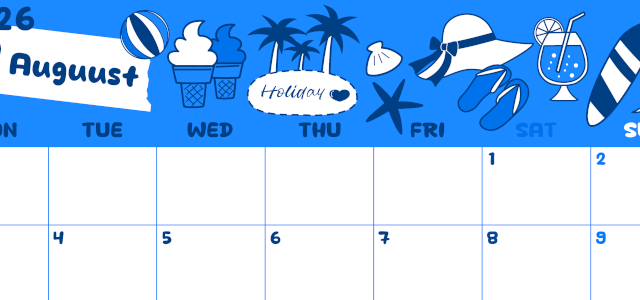 2026年8月横型月曜始まり 海岸イラストのかわいいA4無料ブルーのカレンダー(2026-00880801)