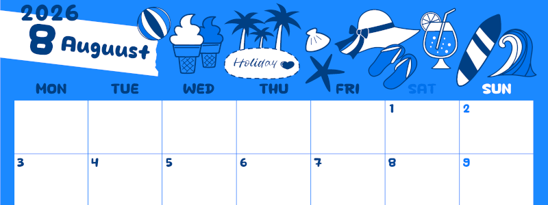 2026年8月横型月曜始まり 海岸イラストのかわいいA4無料ブルーのカレンダー(2026-00880801)