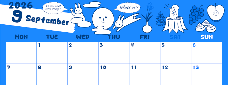2026年9月横型月曜始まり 森の動物イラストがかわいいA4無料ブルーのカレンダー(2026-00880901)