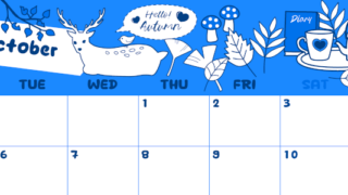 2026年10月横型月曜始まり 鹿のイラストがかわいいA4無料ブルーのカレンダー(2026-00881001)