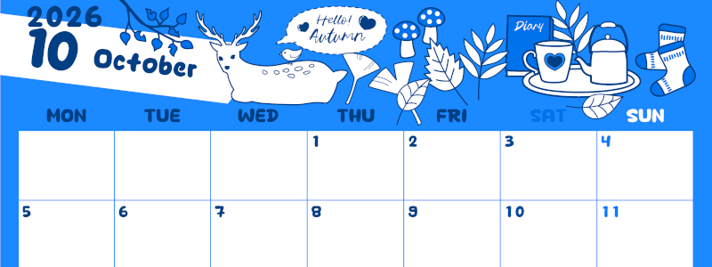 2026年10月横型月曜始まり 鹿のイラストがかわいいA4無料ブルーのカレンダー(2026-00881001)