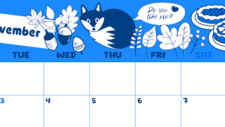 2026年11月横型月曜始まり アップルパイのイラストがかわいいA4無料ブルーのカレンダー(2026-00881101)