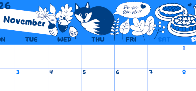 2026年11月横型月曜始まり アップルパイのイラストがかわいいA4無料ブルーのカレンダー(2026-00881101)