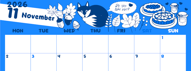 2026年11月横型月曜始まり アップルパイのイラストがかわいいA4無料ブルーのカレンダー(2026-00881101)