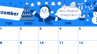 2026年12月横型月曜始まり サンタのイラストがかわいいA4無料ブルーのカレンダー(2026-00881201)