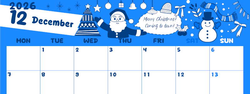 2026年12月横型月曜始まり サンタのイラストがかわいいA4無料ブルーのカレンダー(2026-00881201)