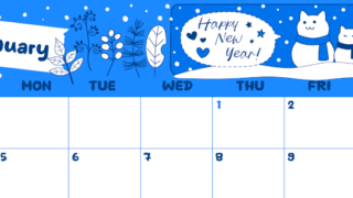 2026年1月横型日曜始まり 雪だるま猫イラストのかわいいA4無料ブルーのカレンダー(2026-00880100)