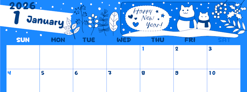 2026年1月横型日曜始まり 雪だるま猫イラストのかわいいA4無料ブルーのカレンダー(2026-00880100)