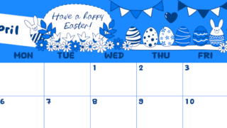 2026年4月横型日曜始まり イースターエッグイラストのかわいいA4無料ブルーのカレンダー(2026-00880400)