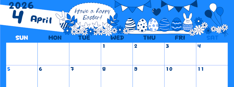 2026年4月横型日曜始まり イースターエッグイラストのかわいいA4無料ブルーのカレンダー(2026-00880400)