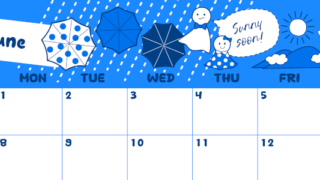 2026年6月横型日曜始まり 季節イラストのかわいいA4無料ブルーのカレンダー(2026-00880600)