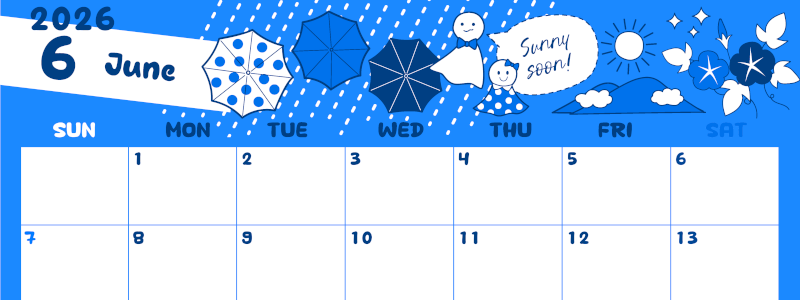 2026年6月横型日曜始まり 季節イラストのかわいいA4無料ブルーのカレンダー(2026-00880600)