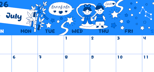 2026年7月横型日曜始まり ポップなイラストがかわいいA4無料ブルーのカレンダー(2026-00880700)